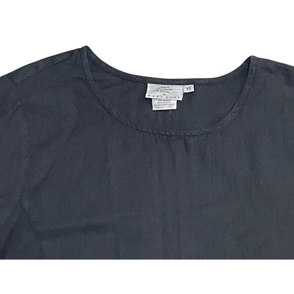 Hot Cotton Woman Black Linen Blend Boxy Blouse 3/4 Sleeve Sz 1X Lagenlook - Picture 2 of 7